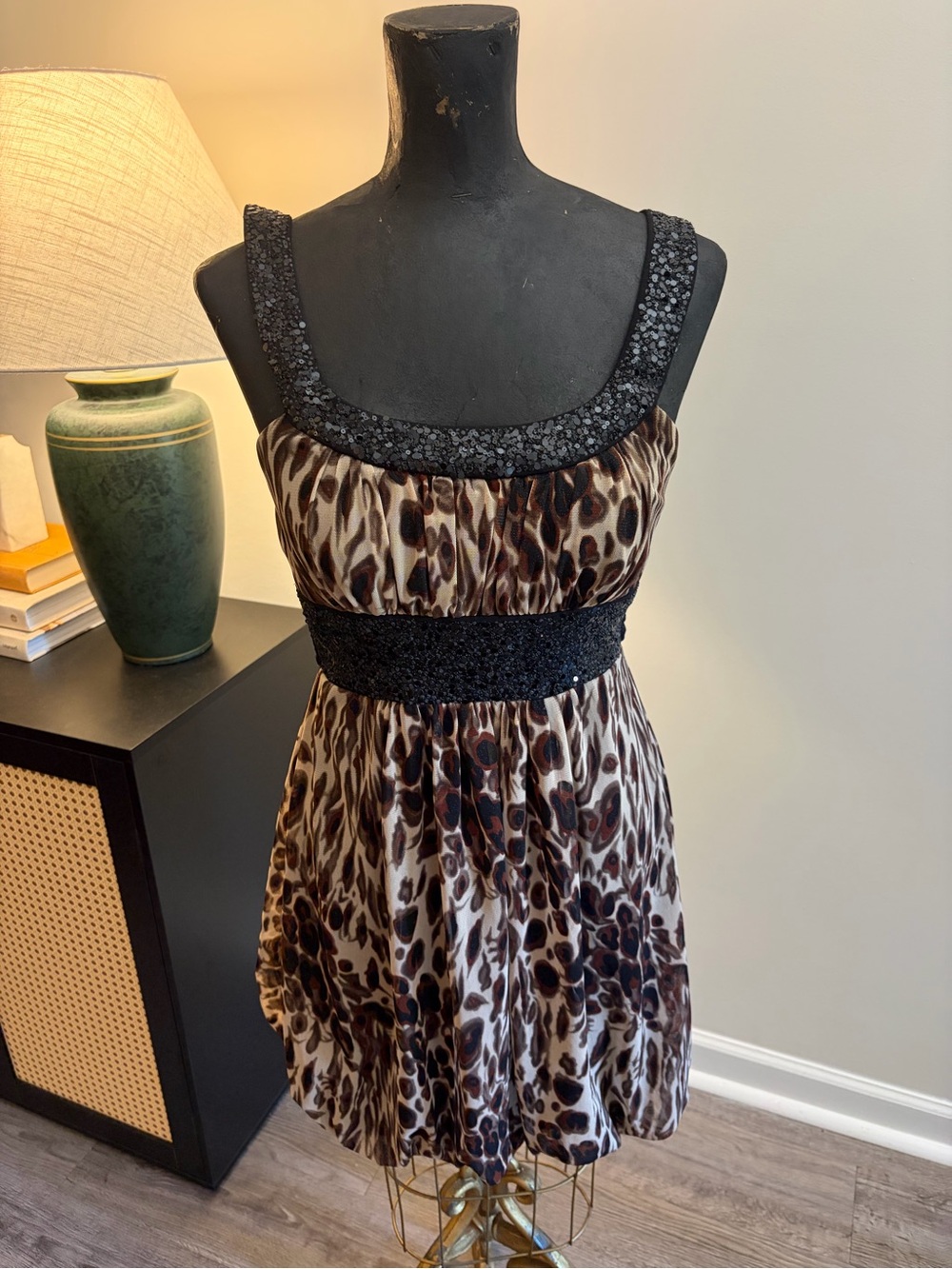 Love Tease Y2K Babydoll Leopard Print Sleeveless Party Dress Sequin Bling Size M
